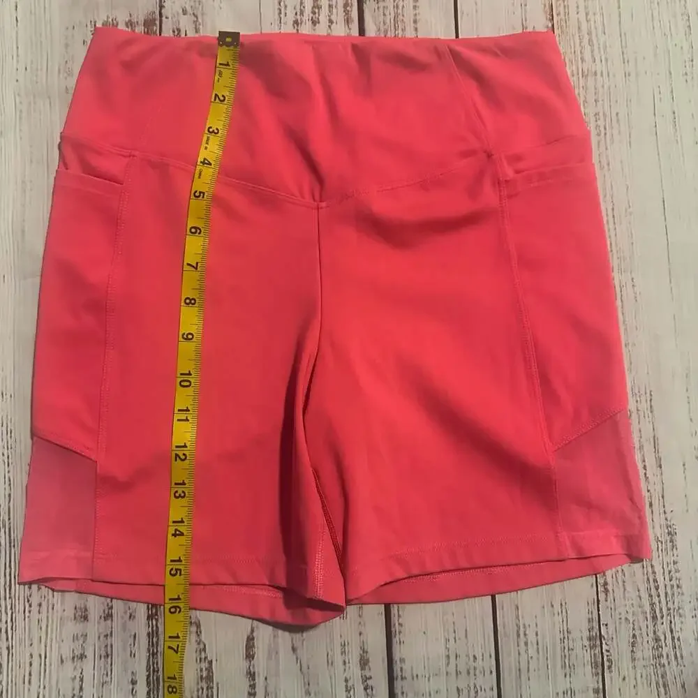 PINK Active High-Waisted Mesh Panel Biker Shorts with Pockets - Neon Pink